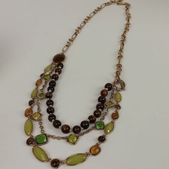Women's Multi-Strand Necklace in Brown Gold And Green Glass  Resin Boho Chic - Picture 8 of 8